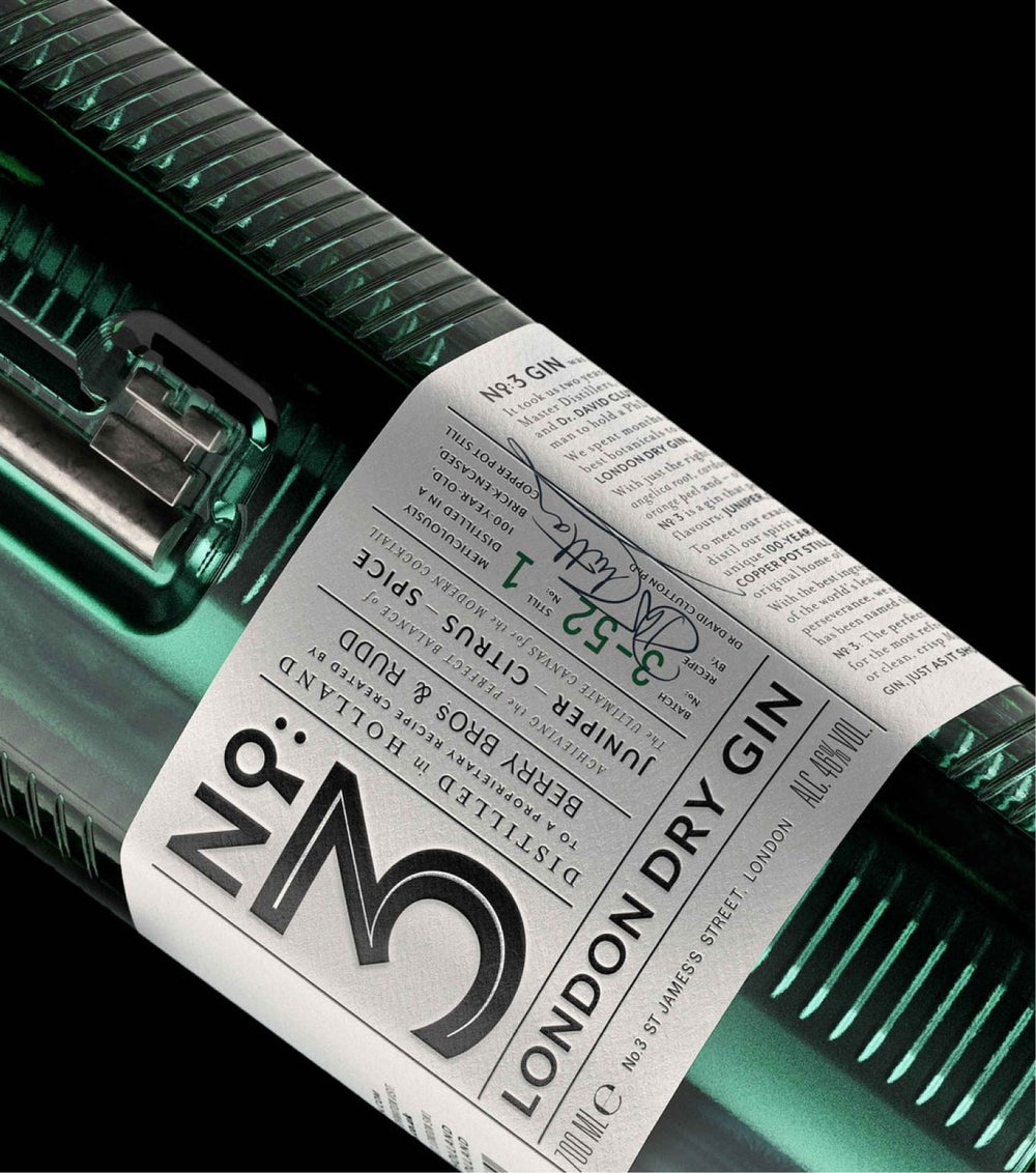 Close-up of a No 3 Gin bottle
